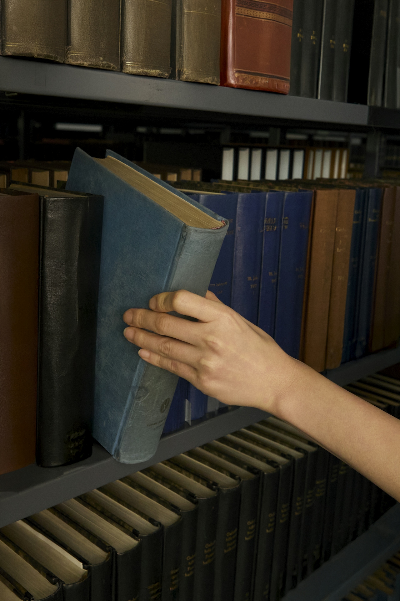 A hand reaching for a worn blue book on a tall library shelf — a quiet moment of focused research.